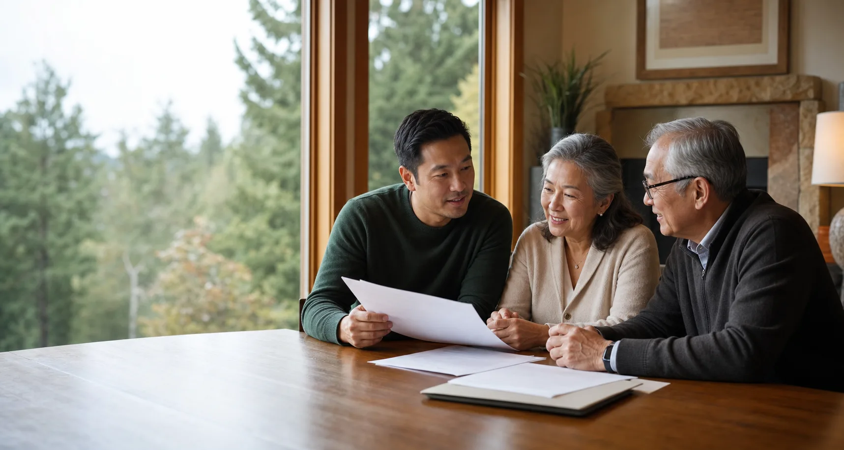 A multigenerational family discussing plans together at home
